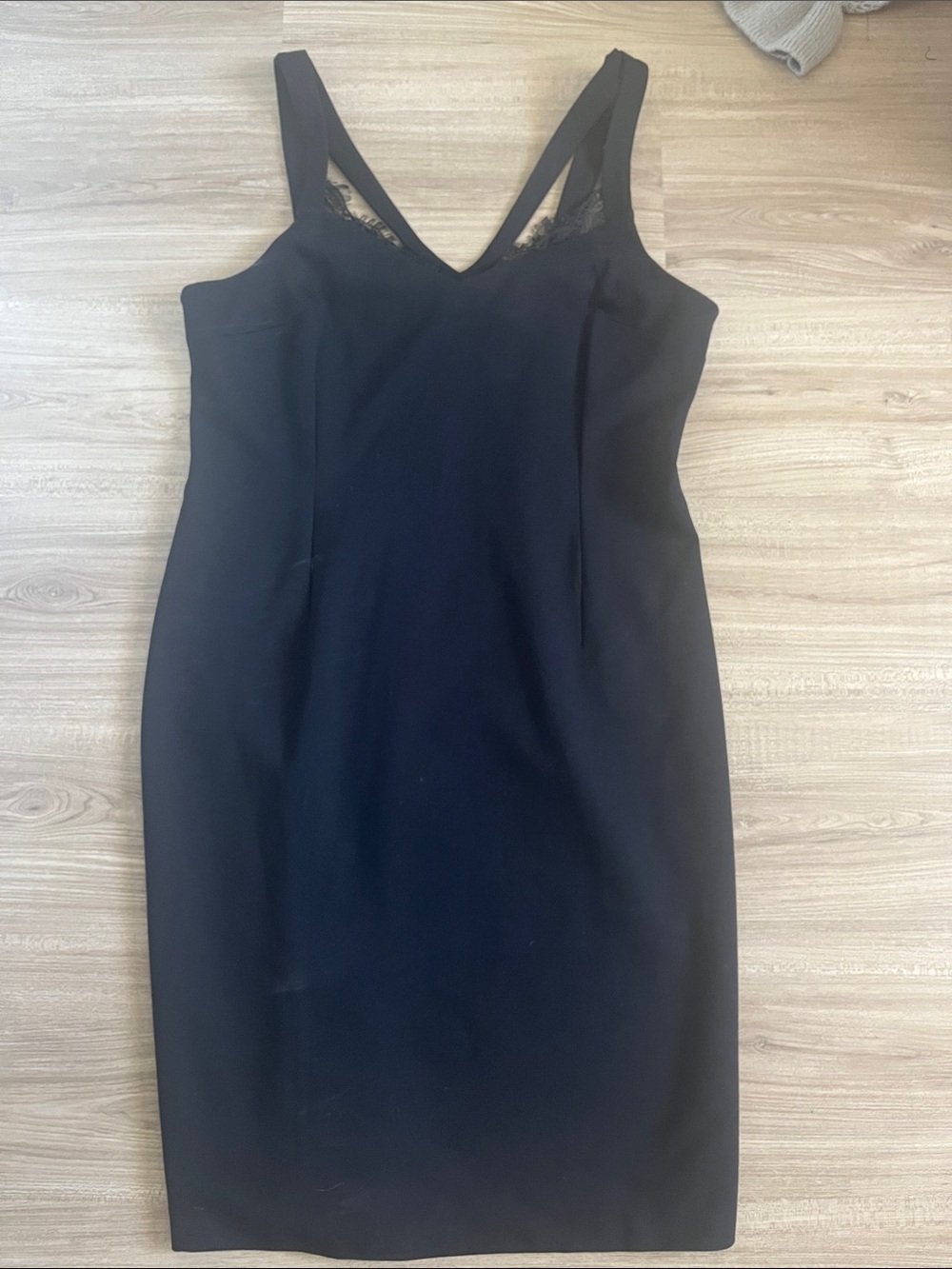 Classic Black V-Neck Midi Fitted Dress with Lace Trim